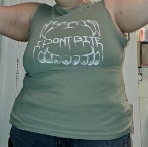 Large Olive Green Distressed Graphic Tank Top with White Fang Print